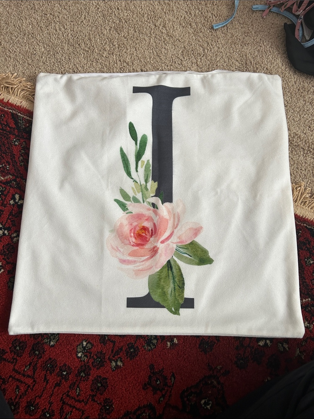 Floral 'I' Monogram Pillow Cover in White and Pink